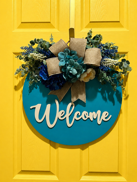 Teal & Burlap Door Hanger with Navy, Beige & Teal Florals